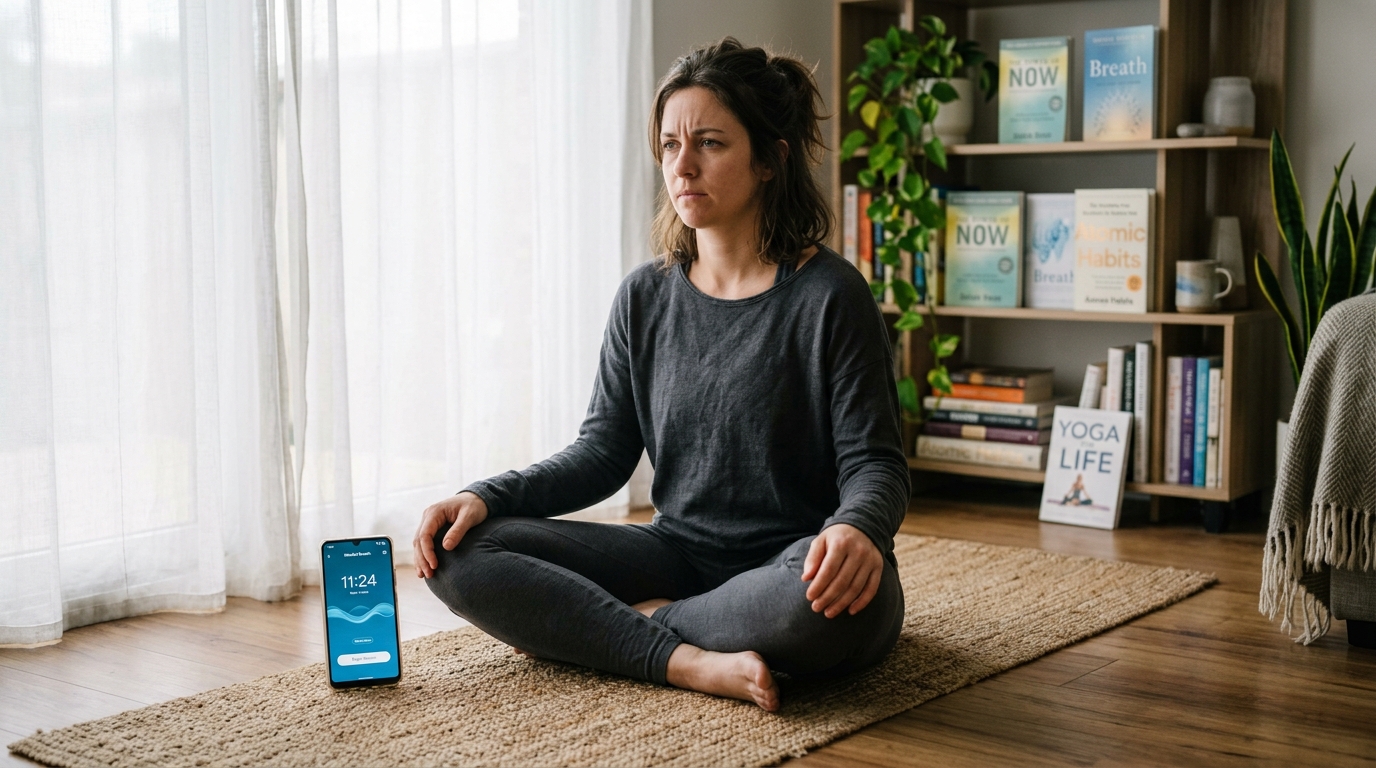 frustrated woman with meditation app and yoga mat