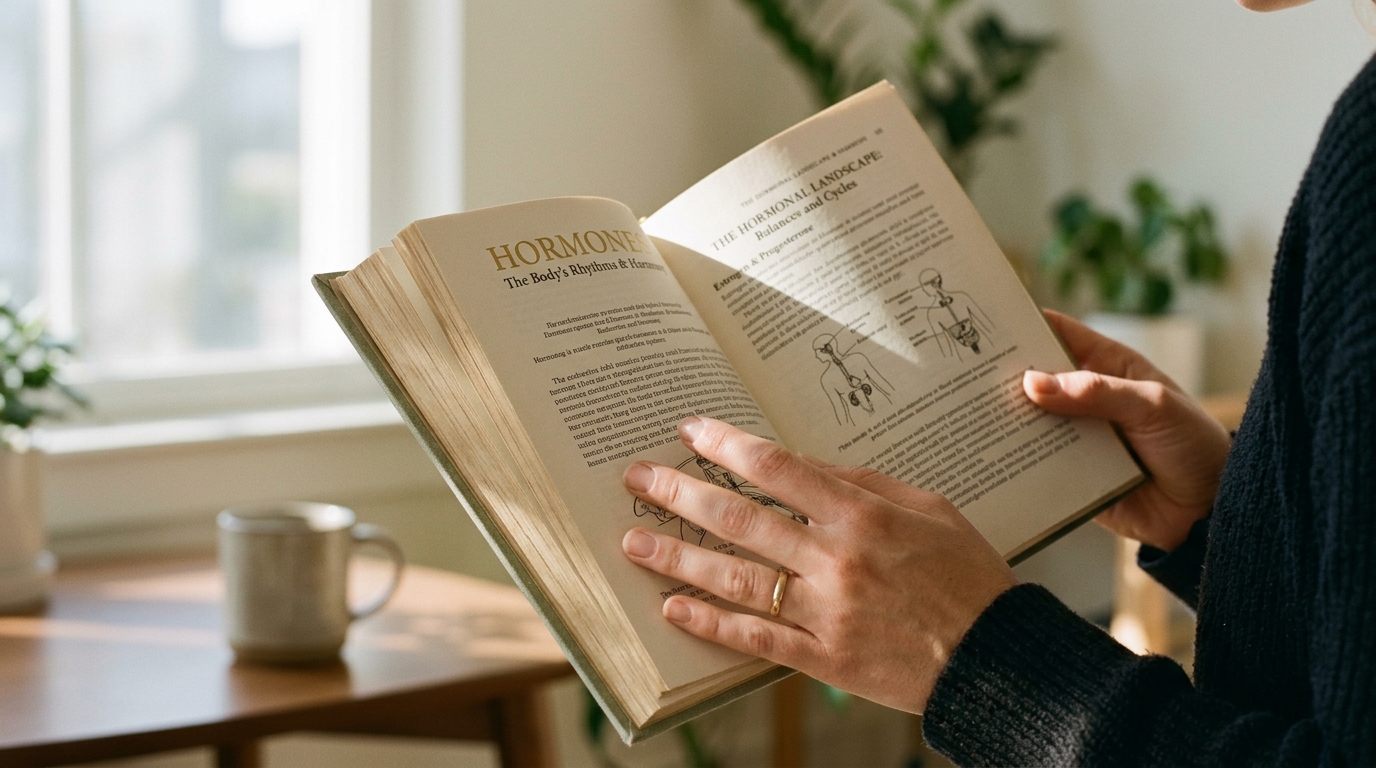 woman reading about hormonal health research