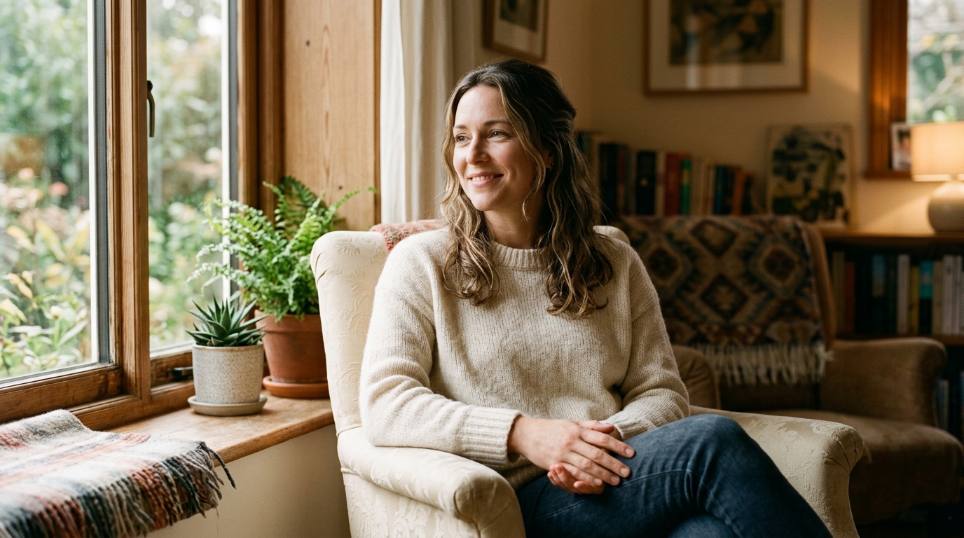 relaxed woman with naturally dropped shoulders