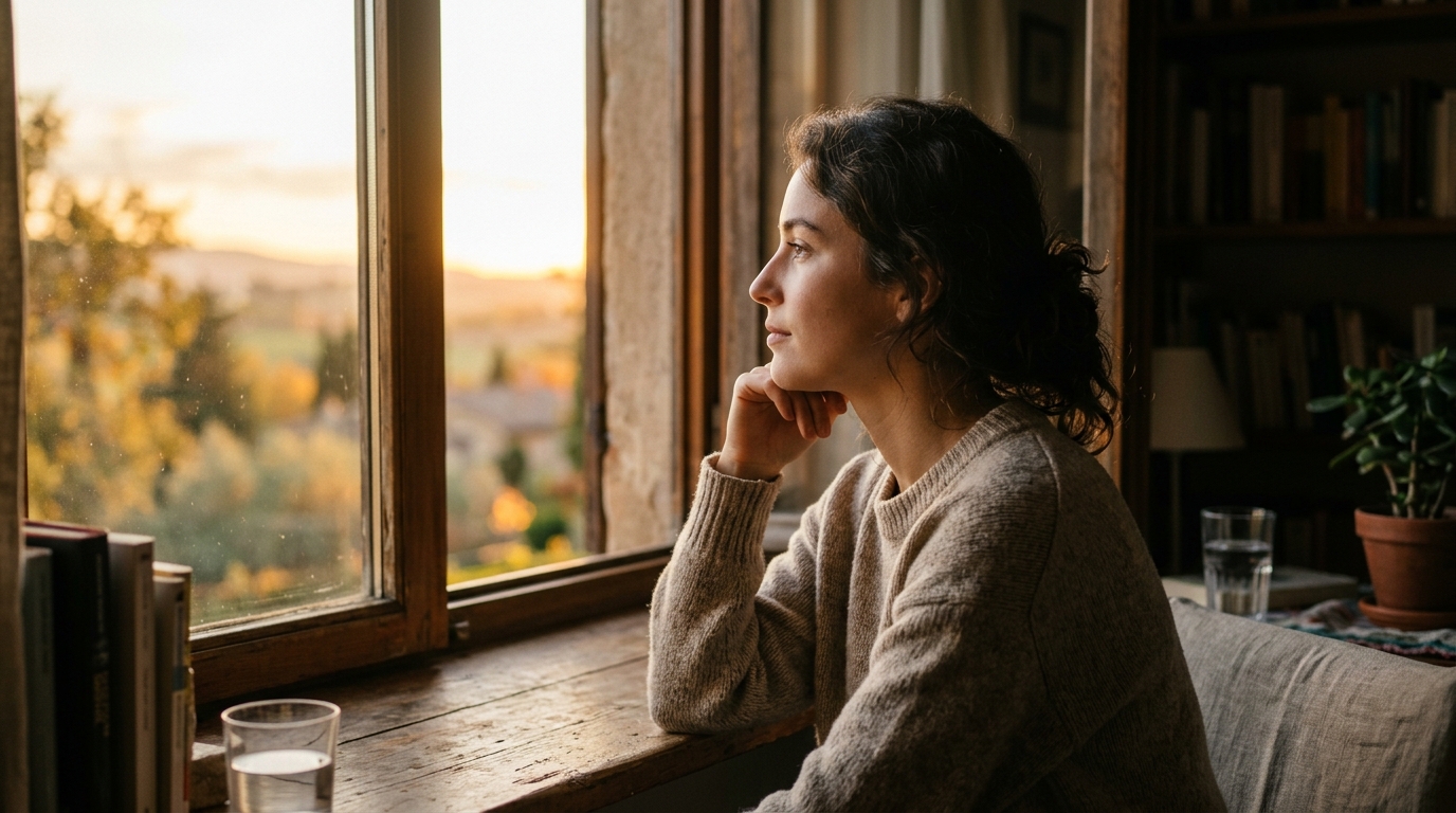 thoughtful woman reflecting by window