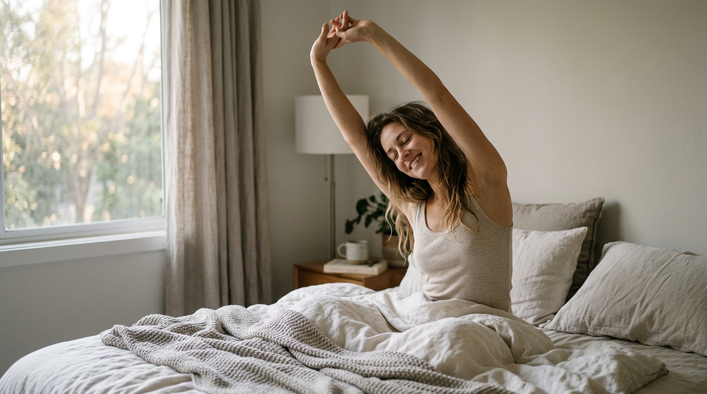 woman stretching peacefully in morning bed