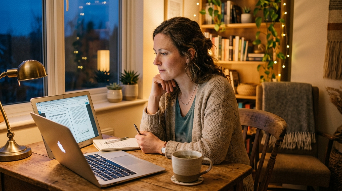 woman researching gut health solutions at desk