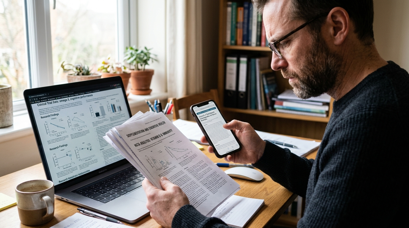 man researching blood sugar supplement studies