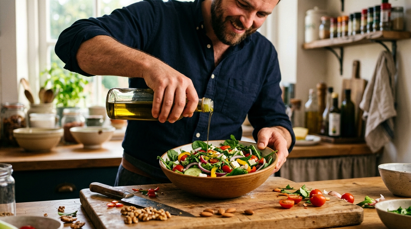 man preparing healthy meal with quality fats
