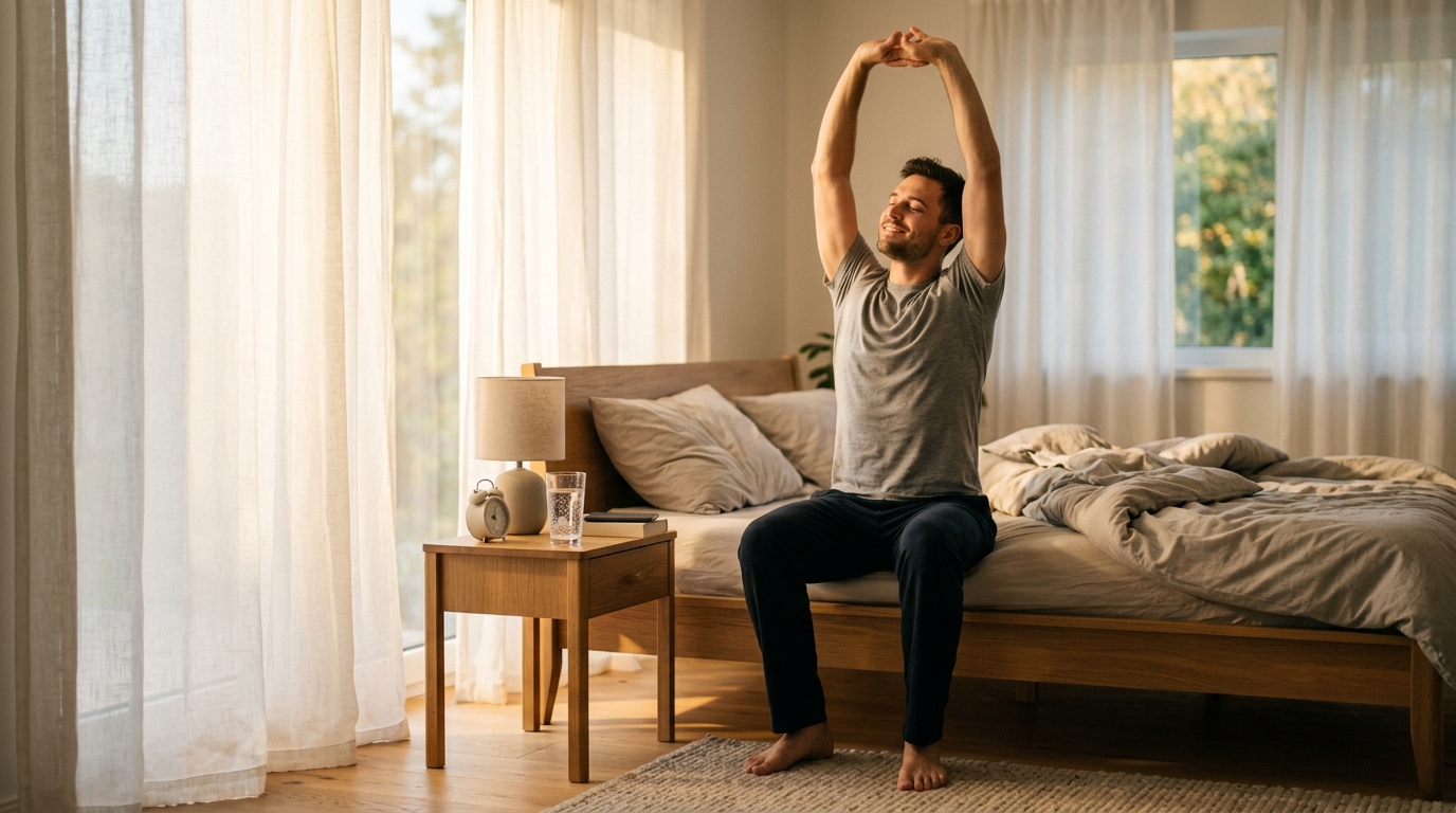 man waking up energized in morning sunlight