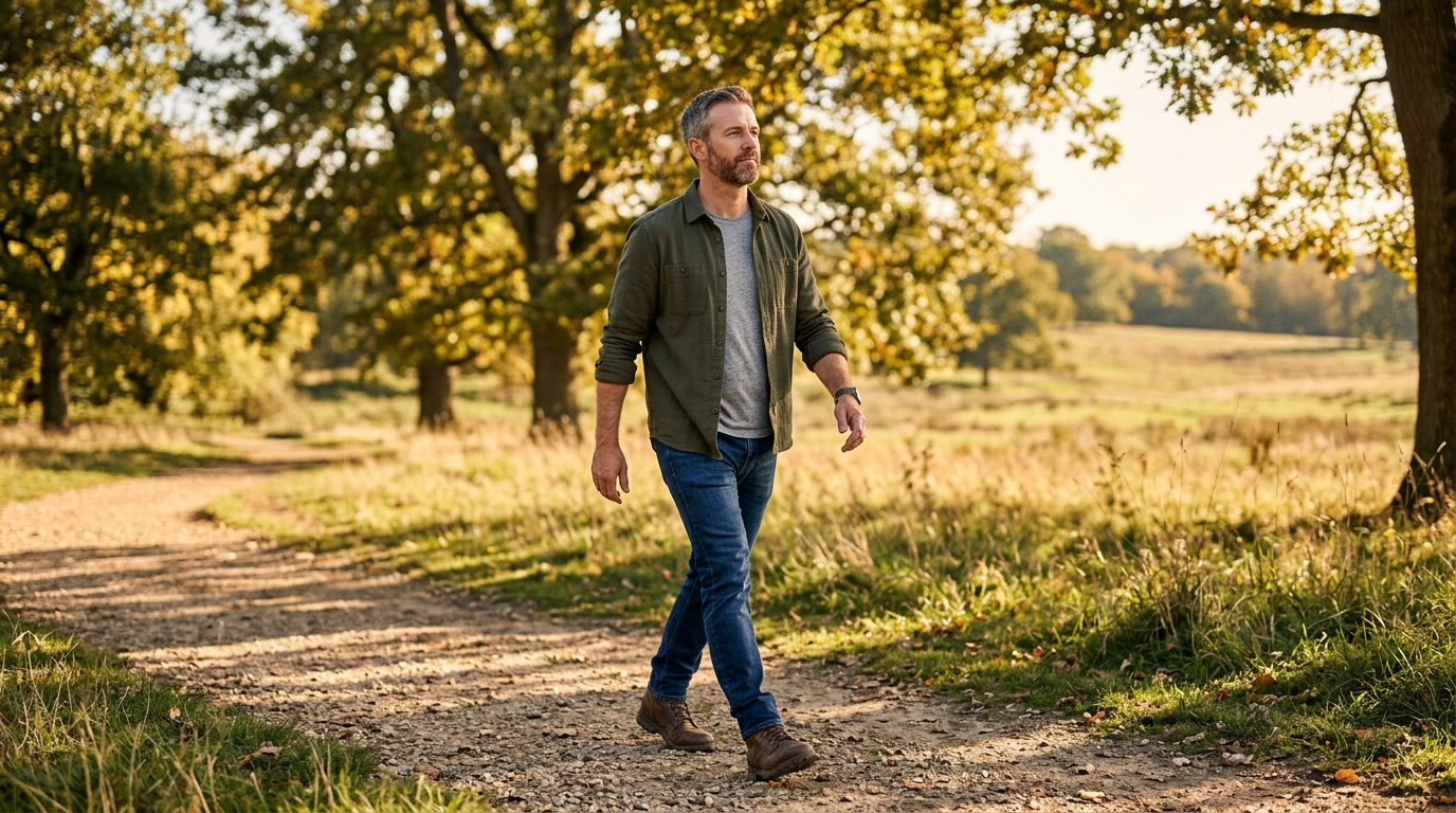 confident man walking with sustained energy