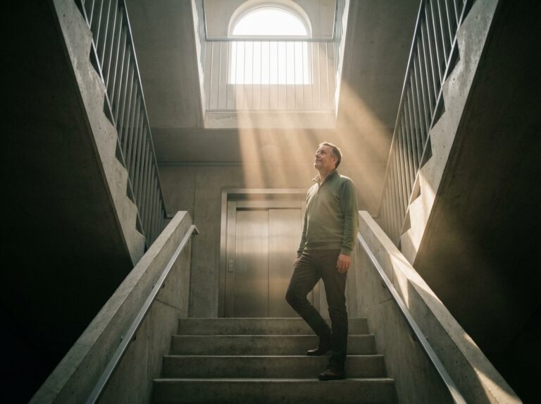 Man stepping into a sunlit stairwell choosing stairs over elevator