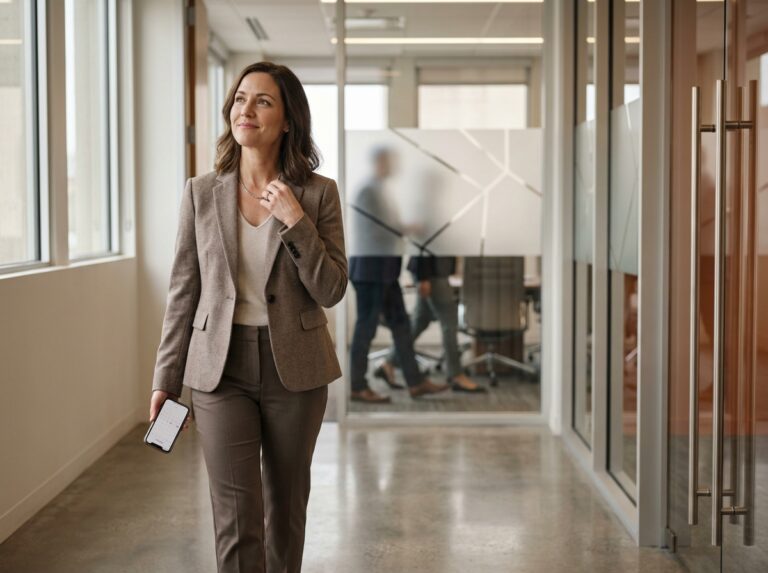 Woman pausing with calm recognition outside a meeting