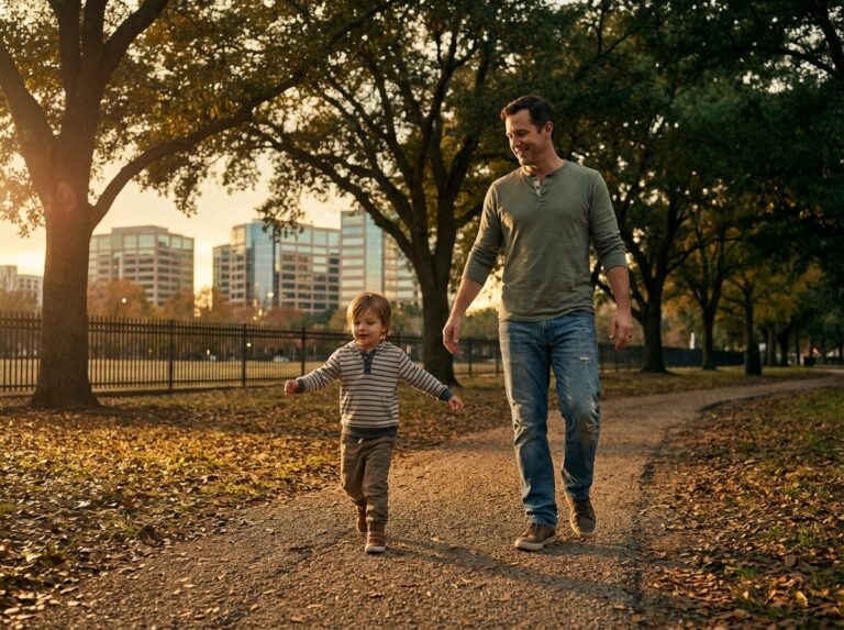 A man and young child walking through a tree-lined park path in golden evening light