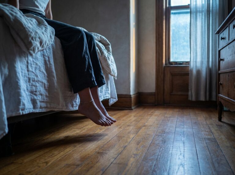 Bare feet hovering above hardwood floor in soft morning light
