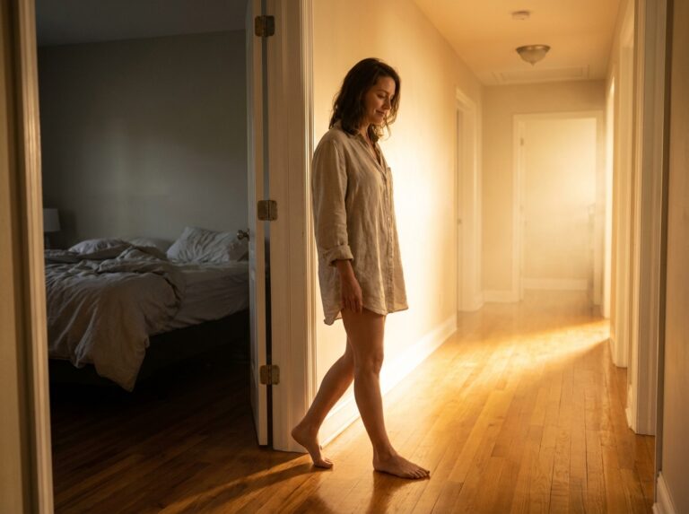 Woman stepping barefoot through a sunlit doorway in early morning light