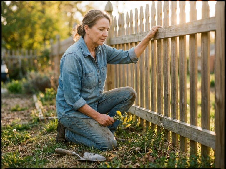 Woman rising from a garden kneel holding dandelions in golden afternoon light