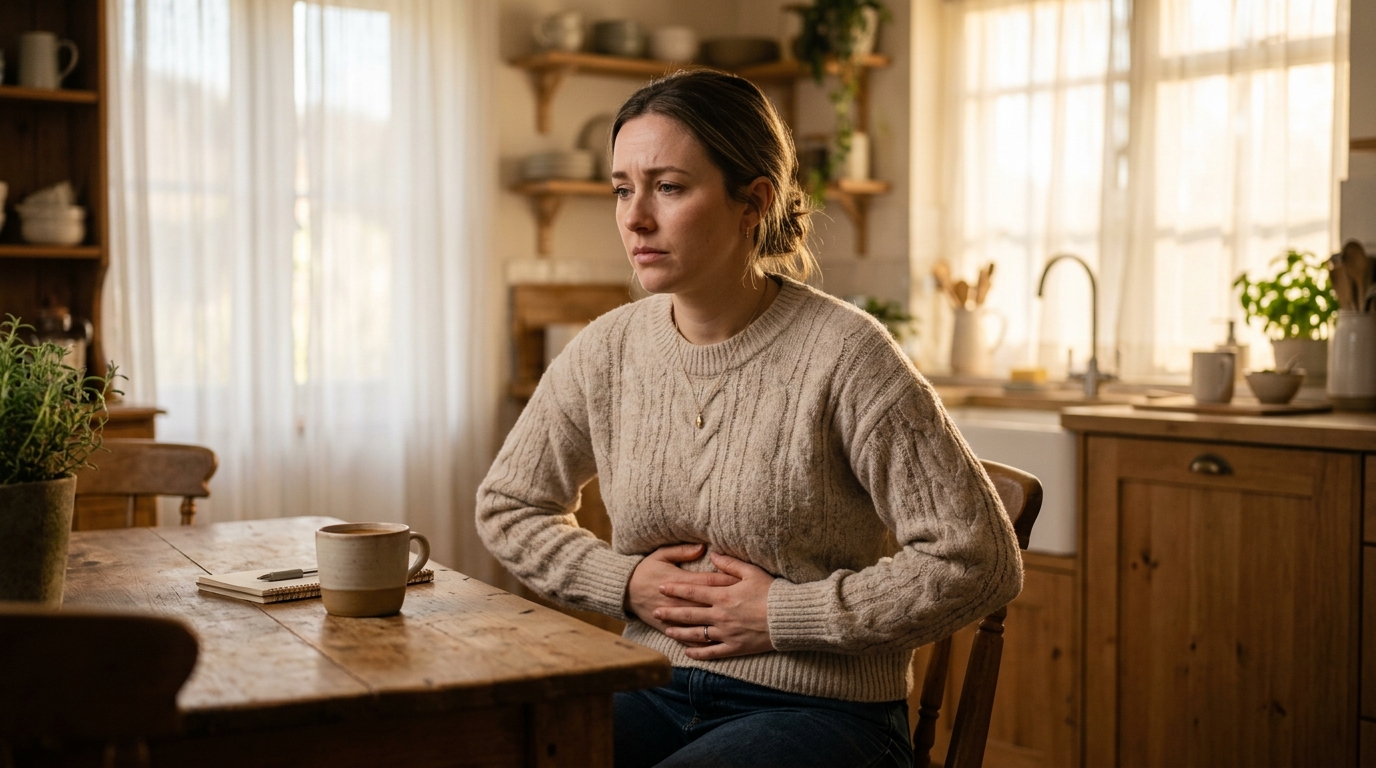 woman experiencing digestive discomfort at kitchen table