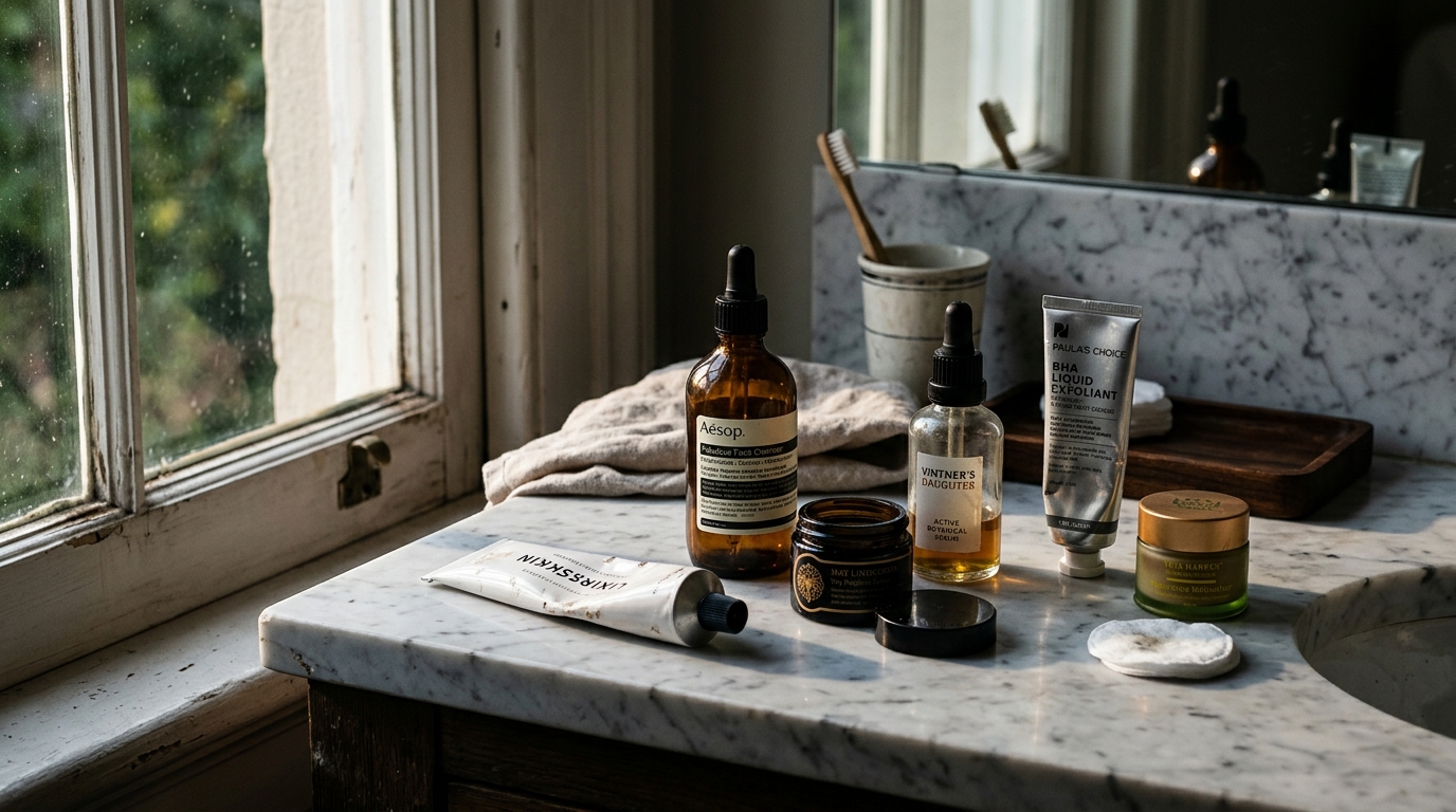 various skincare products on bathroom counter