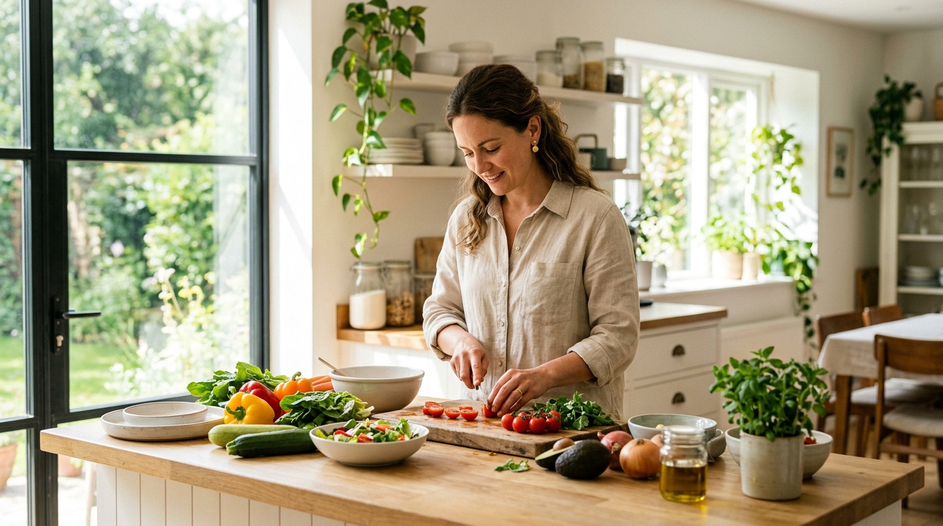 woman preparing healthy meal in bright kitchen