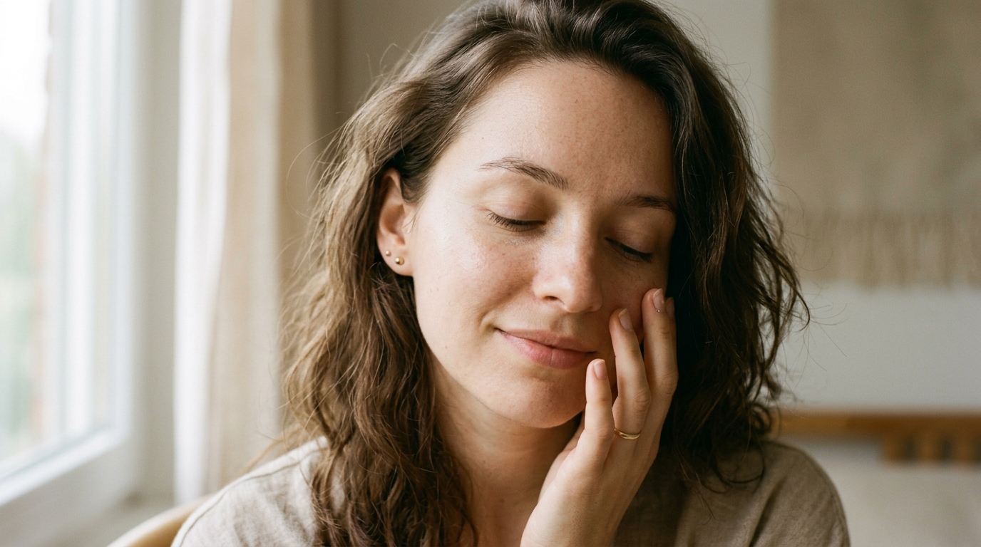 woman with clear glowing skin in natural light