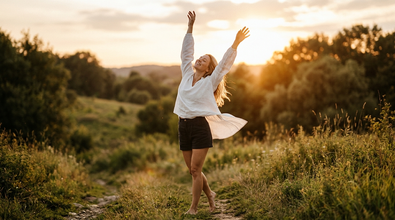 woman stretching energetically in golden hour light