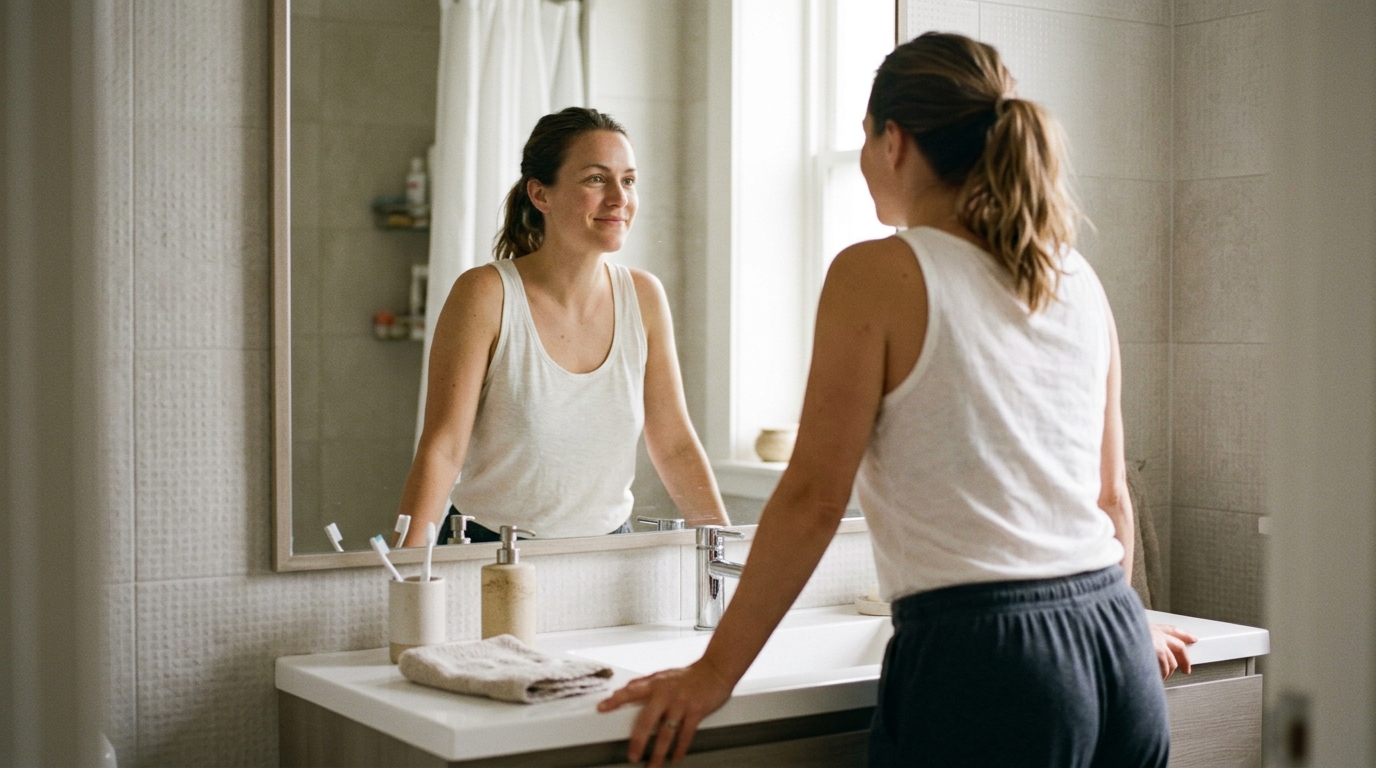 confident woman looking in bathroom mirror peacefully
