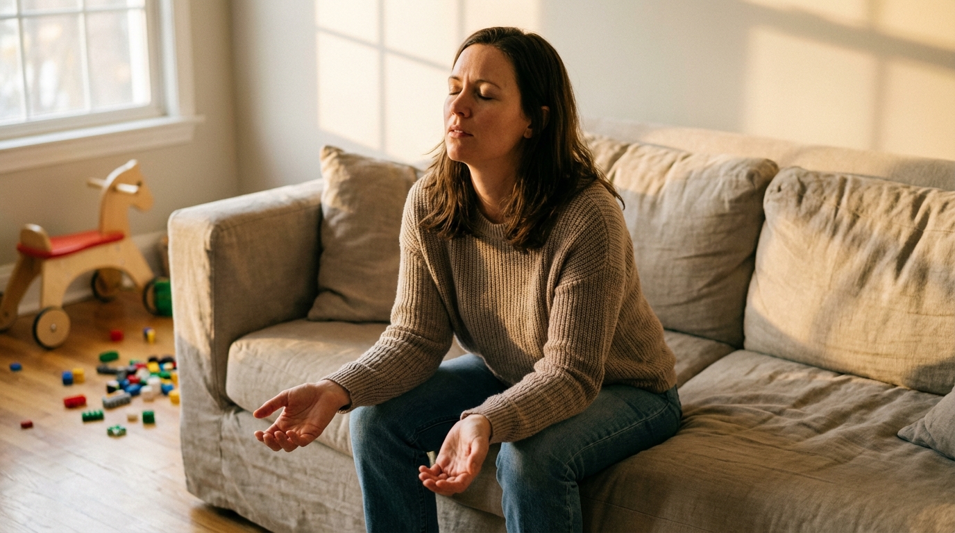 Woman sitting quietly on a couch with hands relaxed in warm evening light