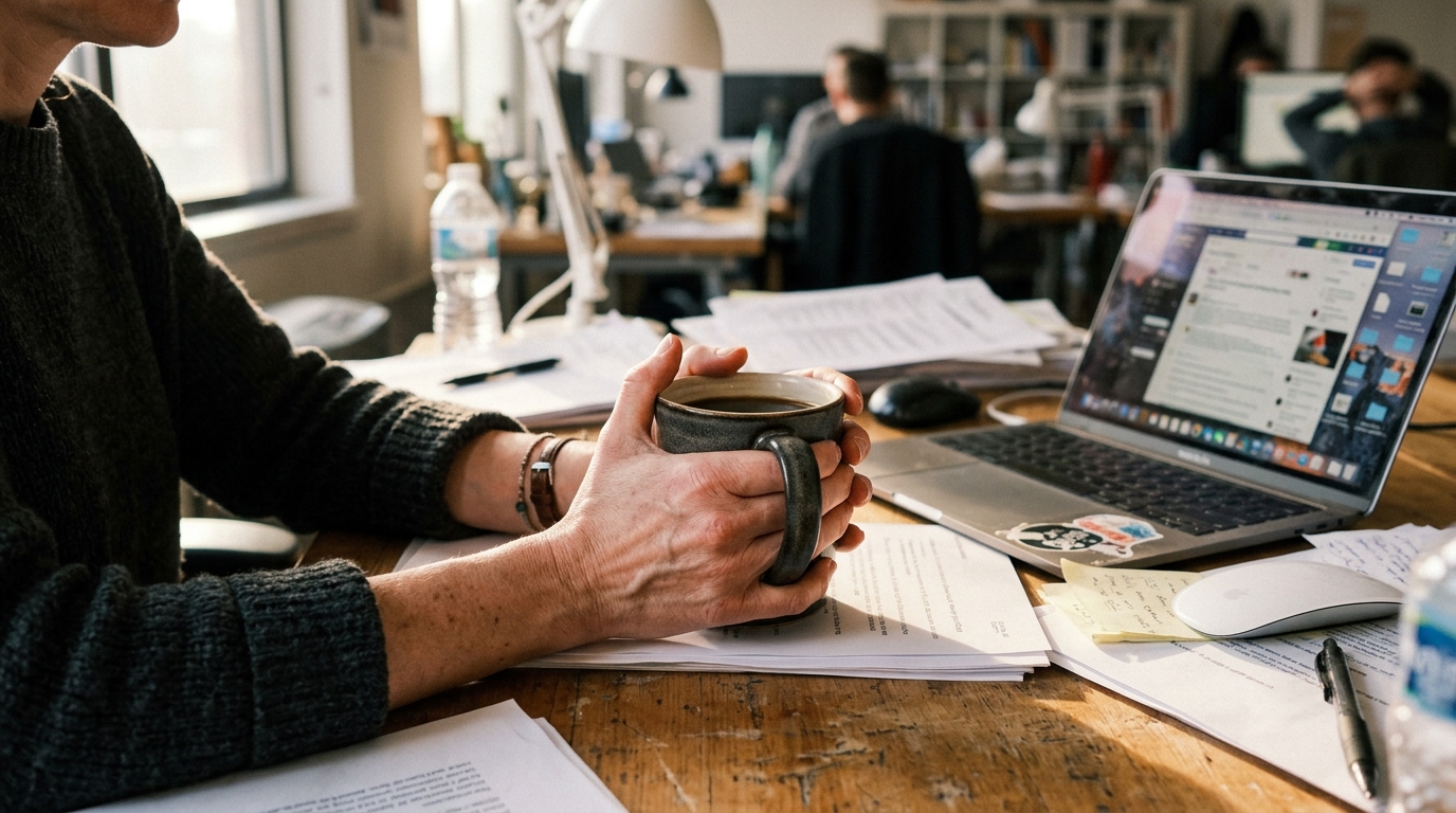 Tense hands gripping coffee mug during afternoon energy crash