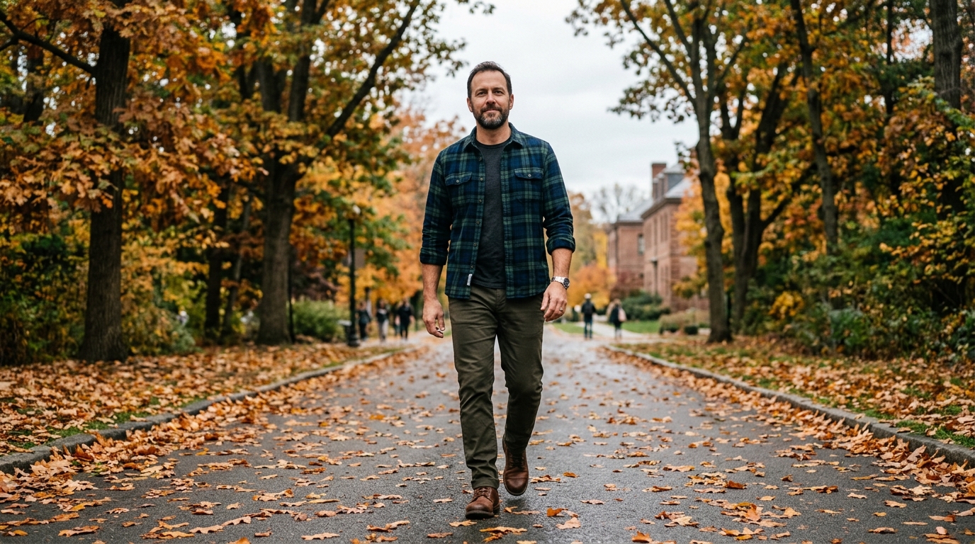 Man walking with steady confident energy on peaceful path