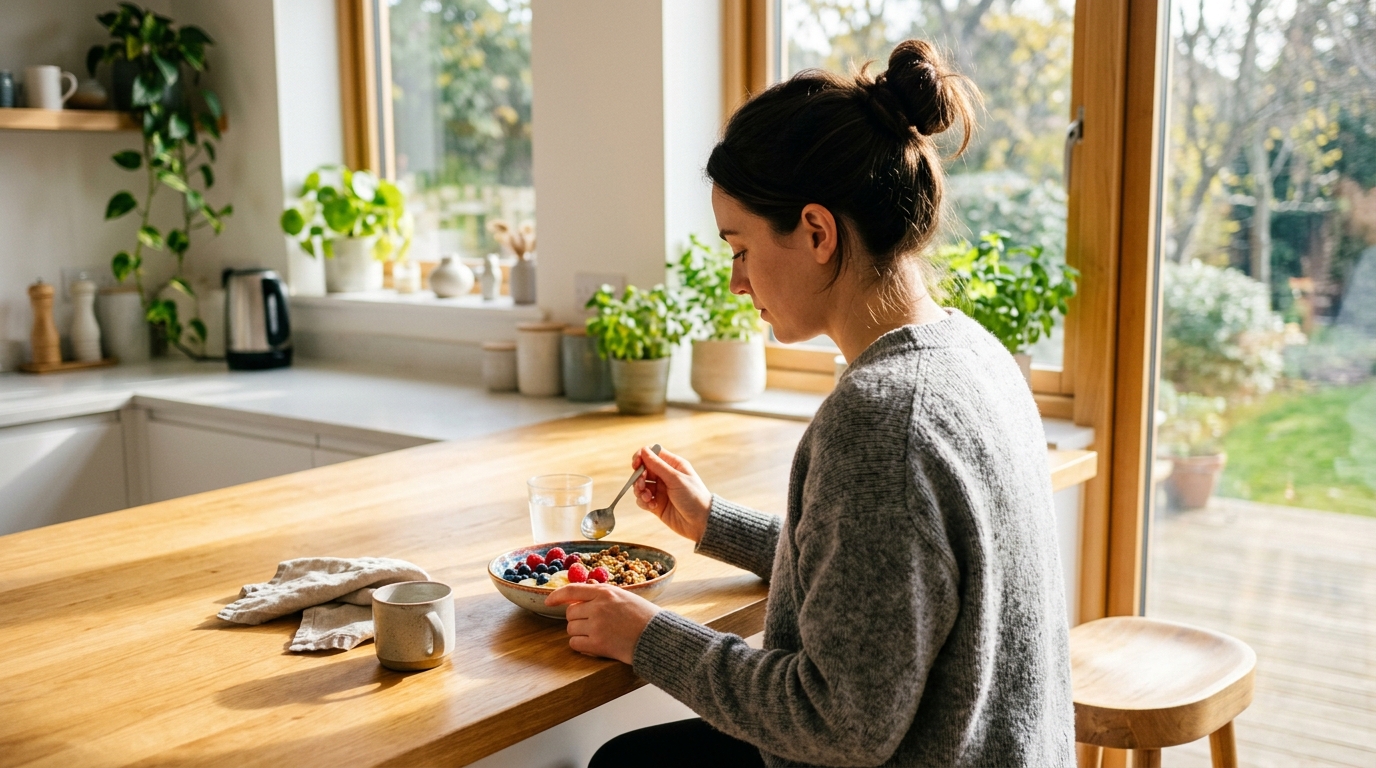 Woman examining her breakfast bowl with newfound awareness