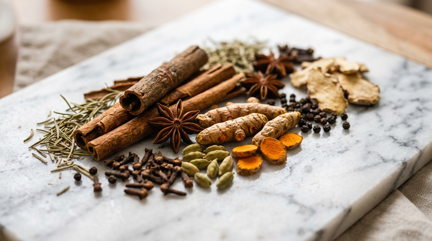 Natural blood sugar support ingredients arranged on marble