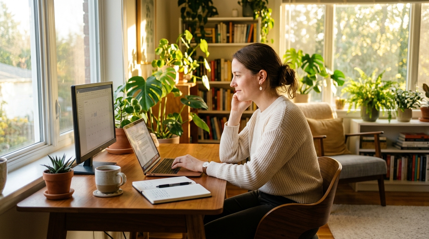 Woman working calmly with sustained focus and energy