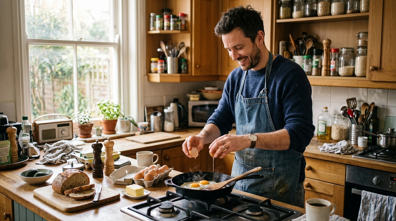 Man casually preparing meal with relaxed approach to eating