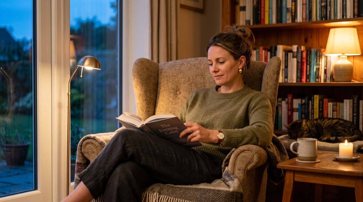 Woman reading peacefully in evening with natural tiredness