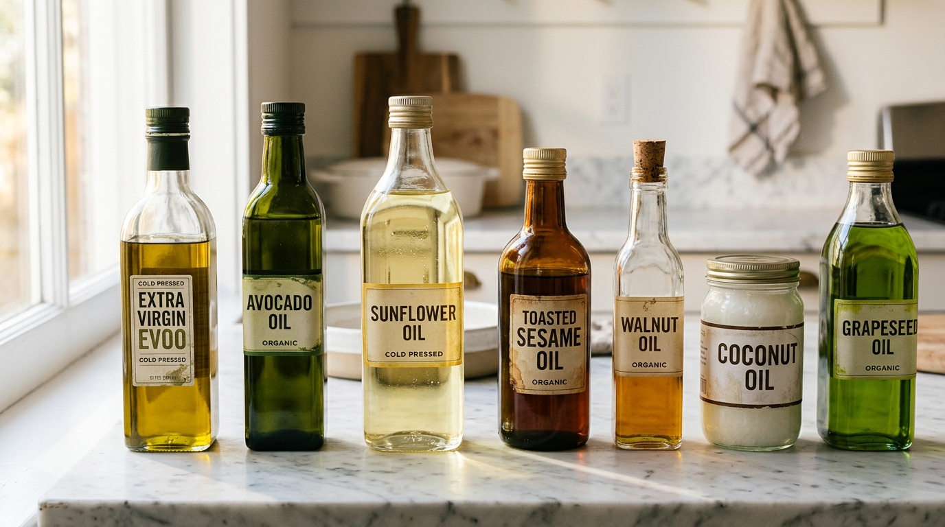 various cooking oil bottles on marble counter