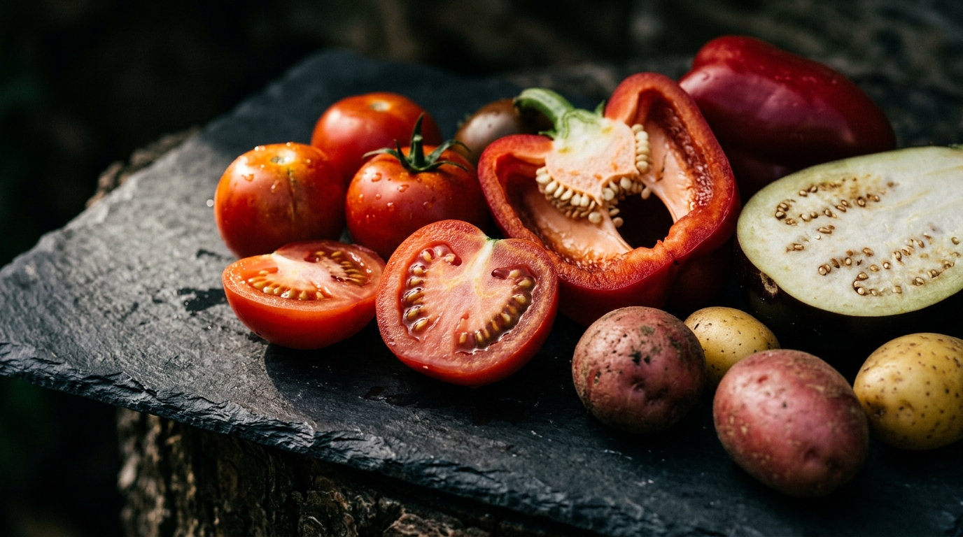 nightshade vegetables on dark slate surface