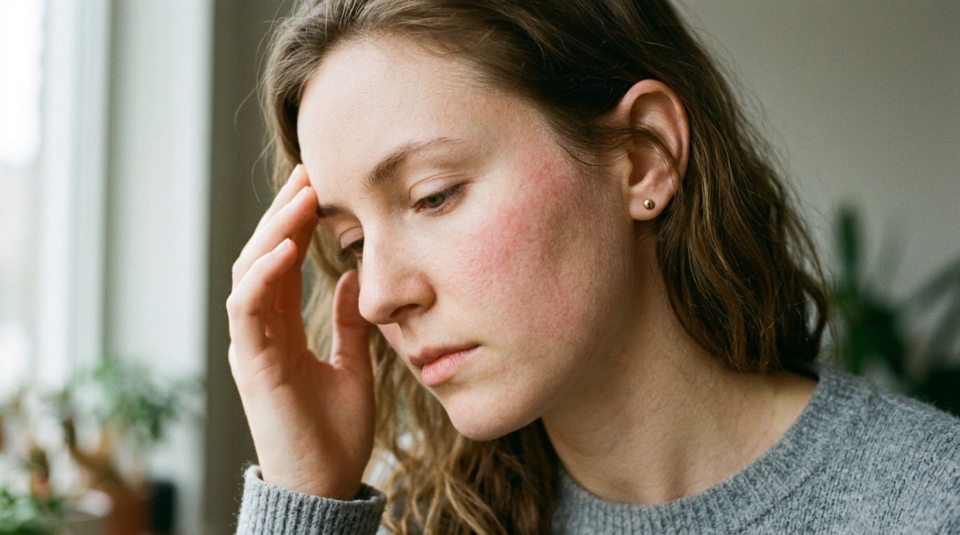 woman touching temple with subtle skin flush visible