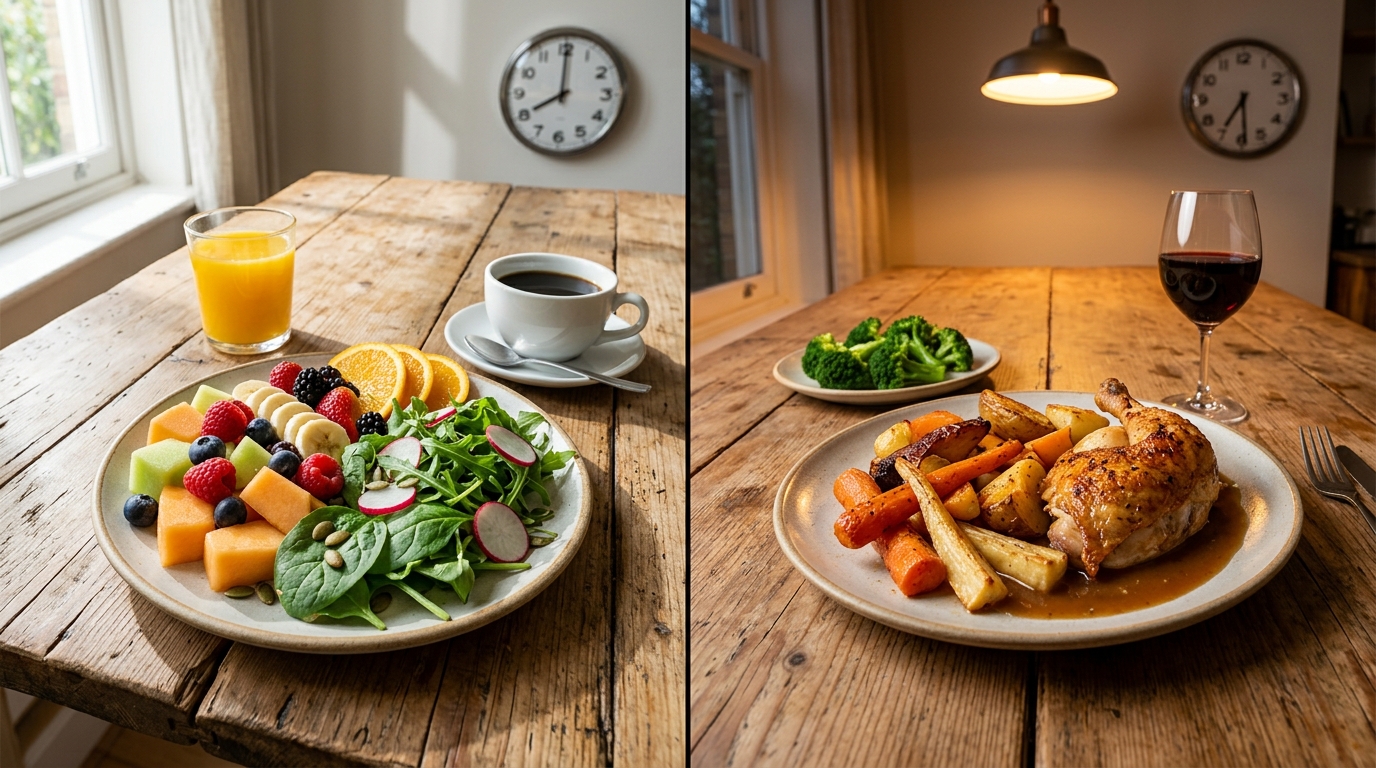 day and evening meal comparison with clock