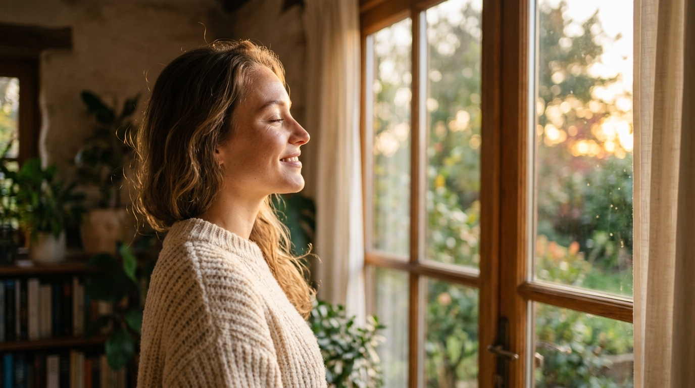 woman profile with clear glowing skin in golden light