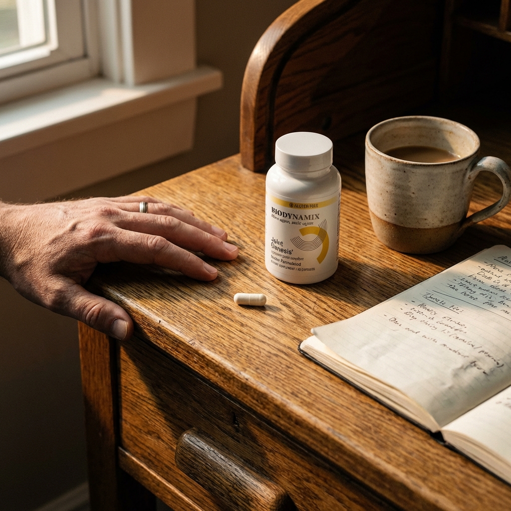Joint Genesis bottle and capsule on a home office desk in warm morning light