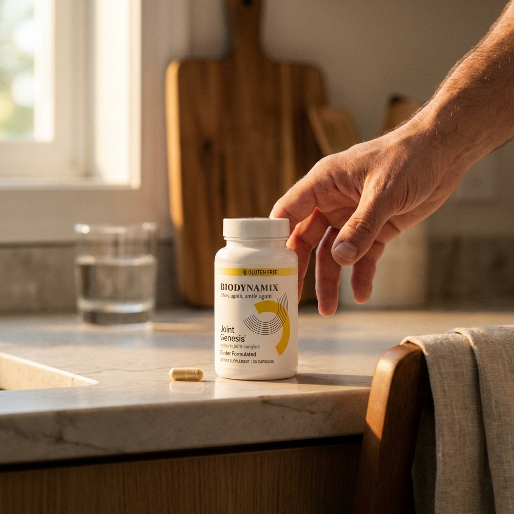 Joint Genesis bottle on a kitchen counter in golden afternoon light with a man's hand reaching toward it