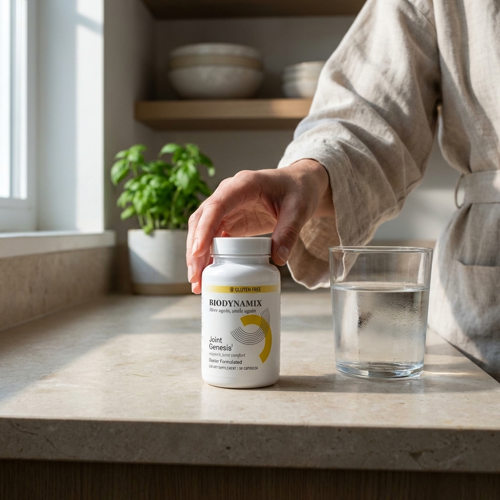 Joint Genesis bottle on kitchen counter with glass of water in morning light