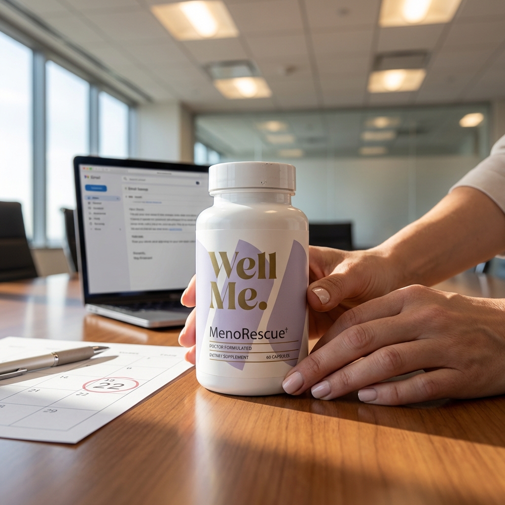 MenoRescue bottle on meeting table beside a Day 22 calendar note