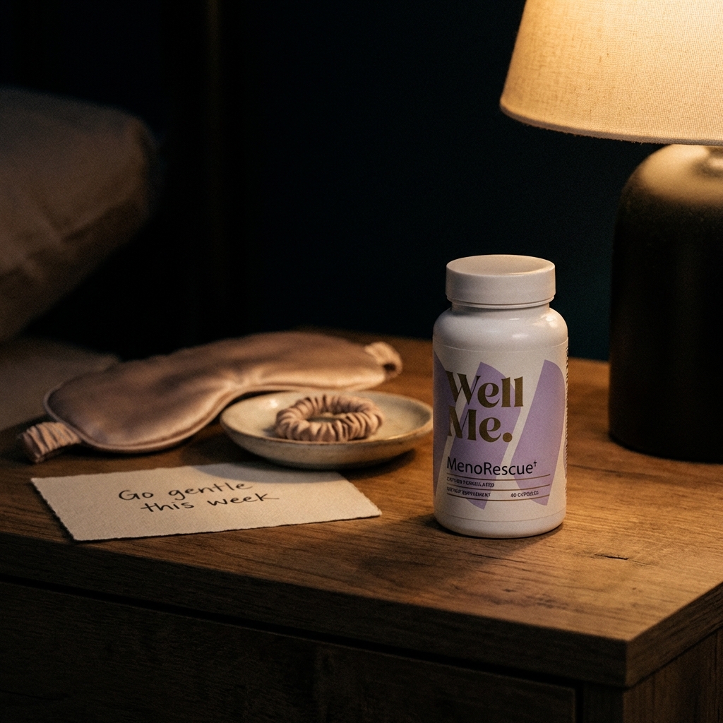 MenoRescue bottle on a nightstand with a gentle go easy note