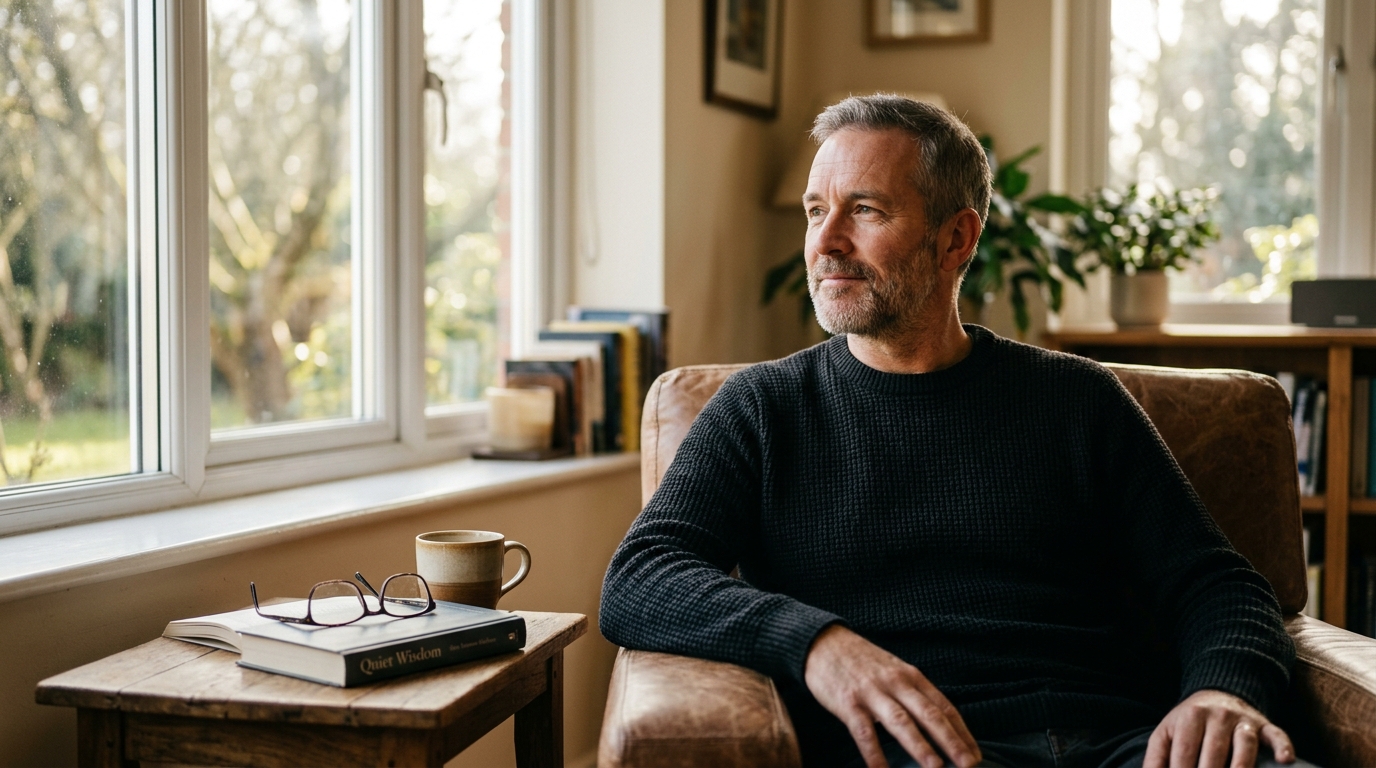 thoughtful man by window with morning light