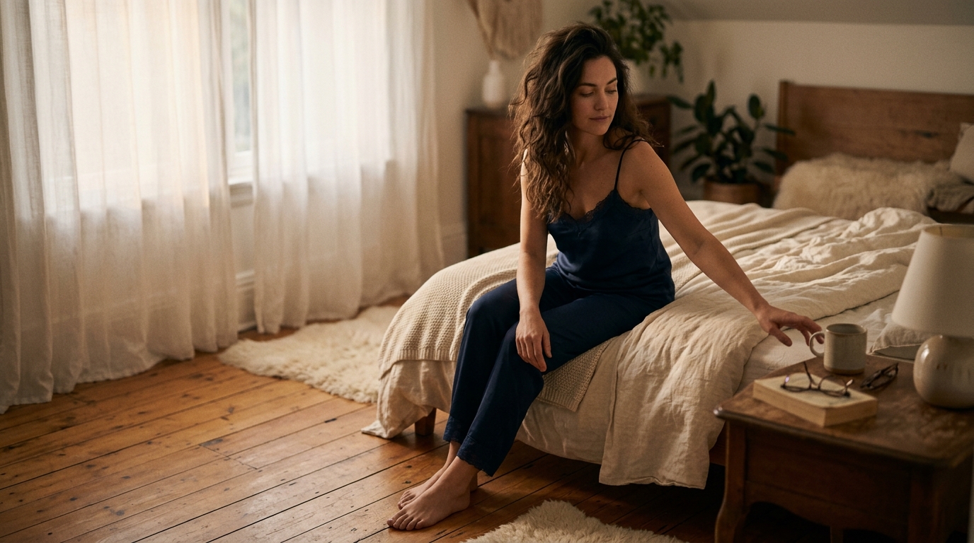 Woman sitting thoughtfully on bed edge at dawn