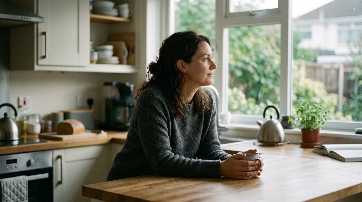 relaxed woman sitting peacefully at kitchen counter