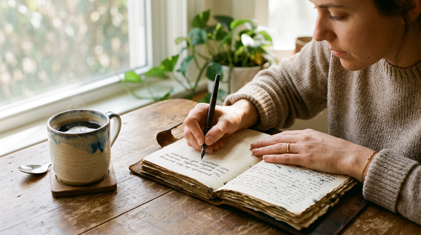 woman writing in journal with morning coffee