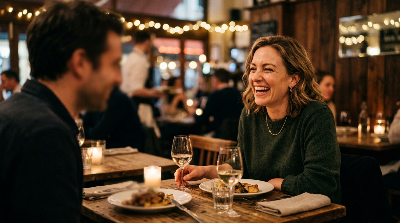 woman laughing in genuine conversation with friend