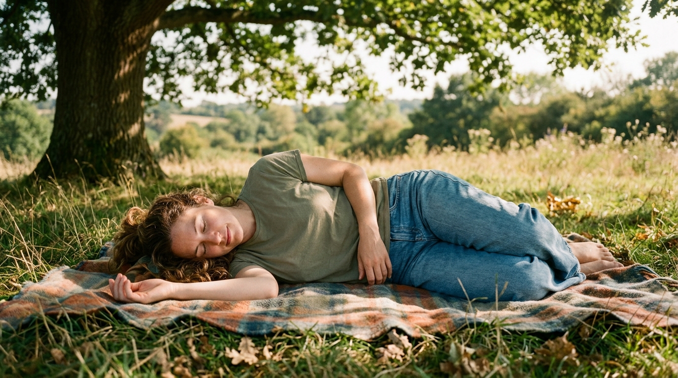 woman resting peacefully under tree in nature