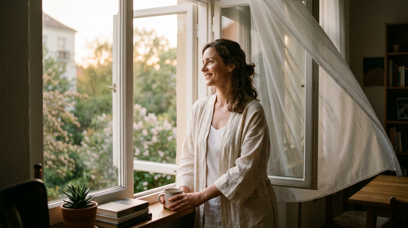 woman at window in morning light feeling centered
