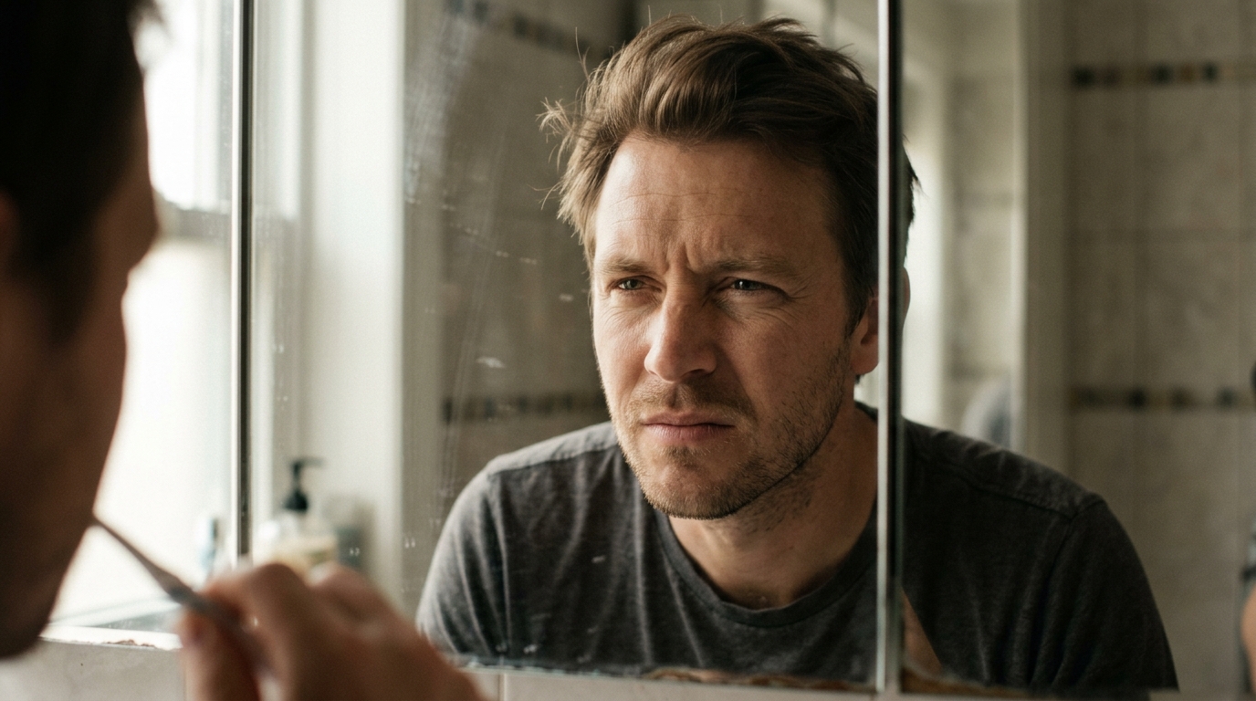 man adjusting to morning light in bathroom mirror