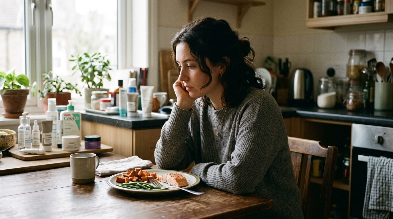 woman contemplating food choices kitchen table
