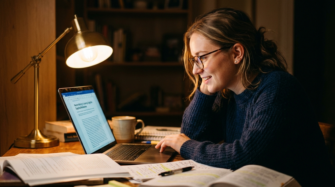 woman reading research laptop desk lamp